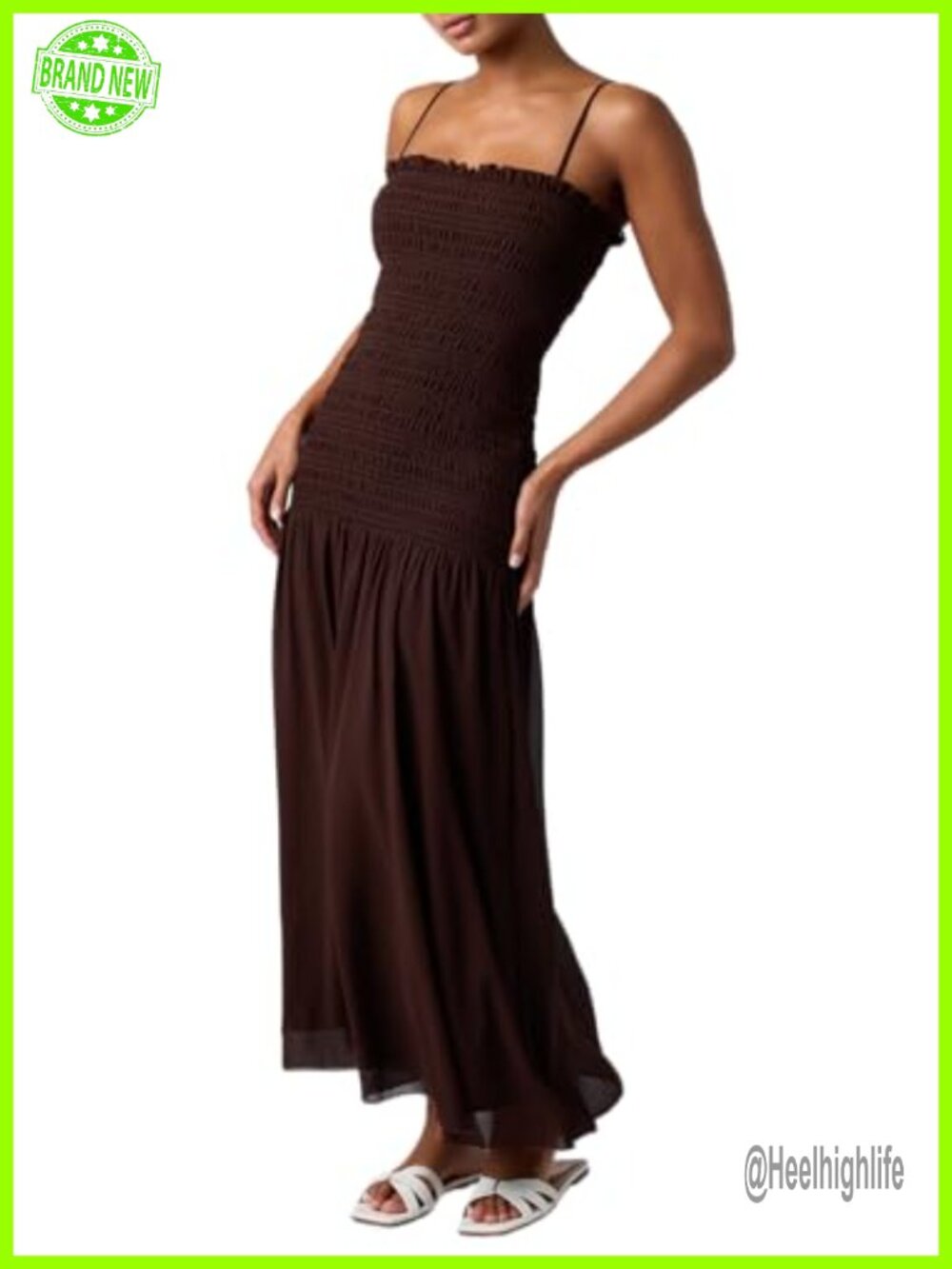 Women's Smocked Bodice Fit & Flare Midi Dress Spaghetti Strap